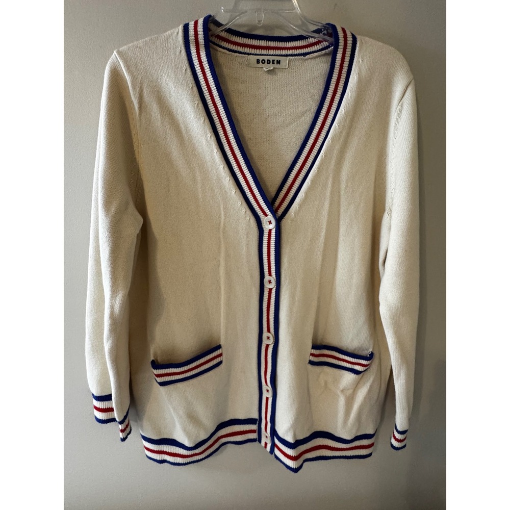 Boden Womens Varsity Cardigan Sweater Ivory Red Blue Striped Cotton Wool Large